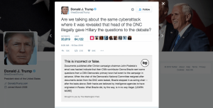 Screenshot from Washington Post showing Trump tweet and Washington Post correction beneath it from installed Chrome Extension