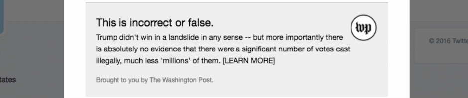 Screenshot from Washington Post's Chrome Extension appearing beneath Trump tweet providing explanation that Trump statement is false.